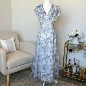 Vintage Jessica McClintock Floral Garden Lace Trim Maxi Prom Bridesmaid Dress